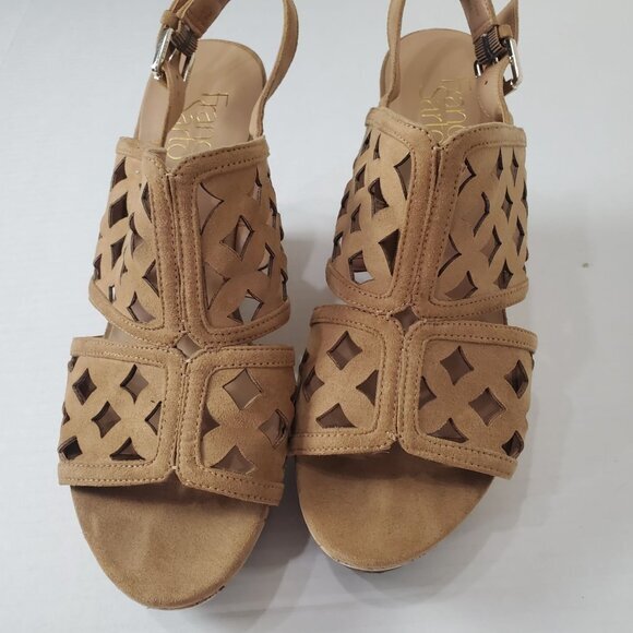 FRANCO SARTO Womens Sandals 8 Shea‎ Cut Out Wedge Cork Leather Tan Chunky Y2K - Picture 8 of 9